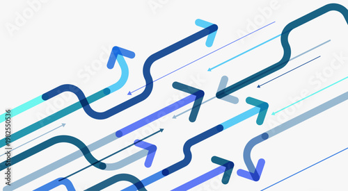 青系グラデーションの矢印ラインが流れる方向性とスピードを表現した抽象背景、ビジネスや成長イメージに最適なモダンデザイン