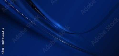 深いネイビーブルーに輝くゴールドラインが流れる高級感のある抽象ウェーブ背景、滑らかな曲線と光のグラデーションが美しいビジネス向けデザイン素材