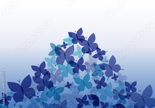 青色の蝶が幻想的に舞い上がるグラデーション背景、透明感のあるシルエットが重なり合う美しく繊細なファンタジーイラスト素材