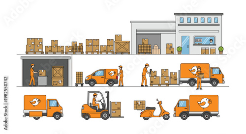 This detailed flat illustration depicts a busy warehouse logistics operation with workers sorting brown boxes and loading a fleet of vibrant orange delivery trucks.