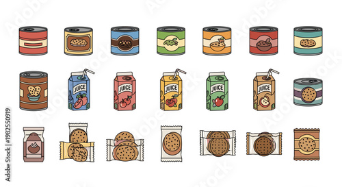 A diverse collection of colorful food packaging icons features various tin cans, juice boxes with straws, and bags of chocolate cookies on white ground.