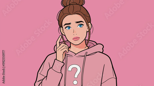 Confused Young Woman in Pink Hoodie with Question Mark