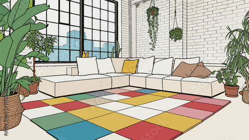 Modern Living Room with Colorful Rug and Plants