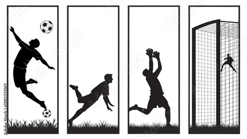 Four black silhouette soccer player action scenes in panels with goal net grass