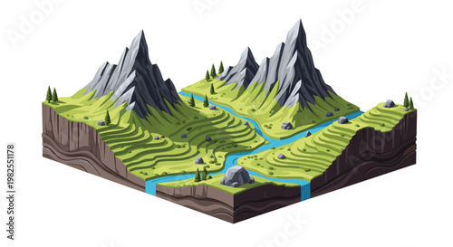 A detailed isometric landscape slice showcases tiered green agricultural terraces and a winding blue river flowing between jagged gray mountain peaks.