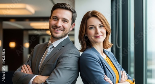 Professional couple posing confidently in business attire by a window