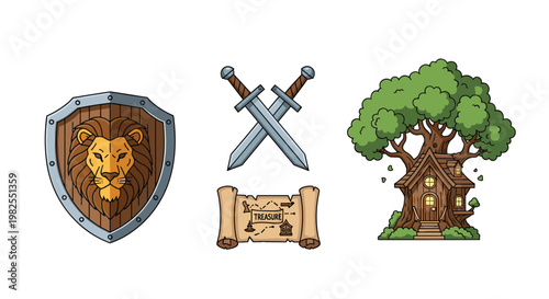 A collection of meticulously detailed fantasy adventure icons featuring a wooden lion shield and crossed swords set against a pristine white background.
