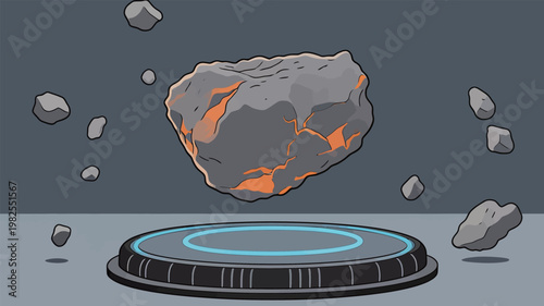 Asteroid with Lava Cracks Above Futuristic Platform