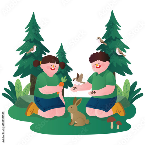 Nature Green Illustration. Vector illustration of Children feeding birds and rabbit in forest environment. Isolated on background