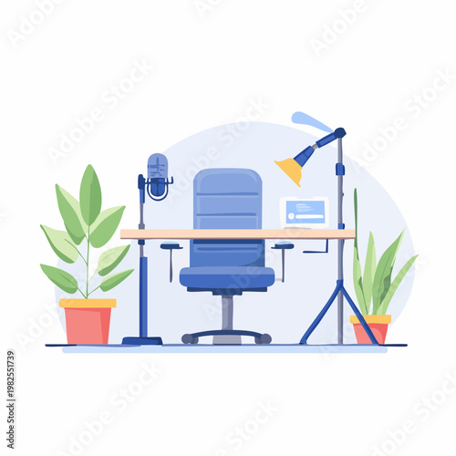 Podcast studio setup with microphone, chair, desk, and lighting for recording