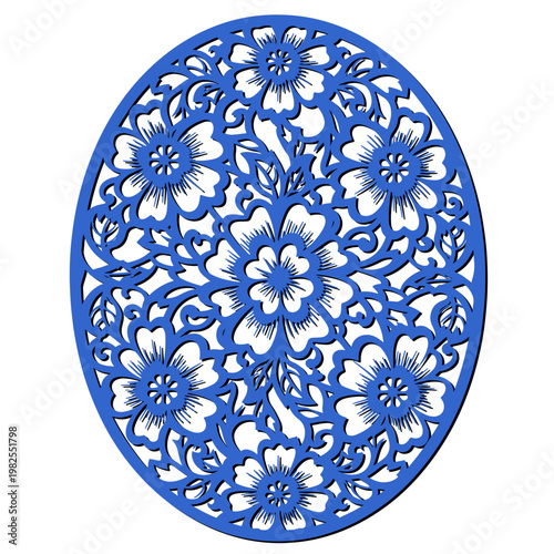 Oval shaped floral ornament, a laser cut pattern for decorative panel or wood carving. coaster. Cnc cutting design element vector illustration