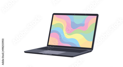 A modern dark grey laptop computer featuring a colorful screen with soft pastel rainbow waves presented at a slight angle on a stark white background area.