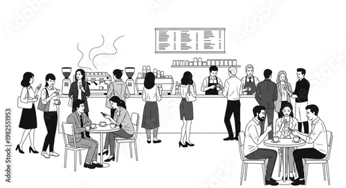 Sketch of people enjoying coffee at a bustling cafe.