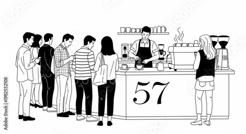 Sketch of people waiting in line at a coffee shop counter.