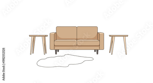 A clean and modern interior furniture arrangement showcasing a tan fabric sofa positioned between two light wood side tables over a soft white shaggy rug.
