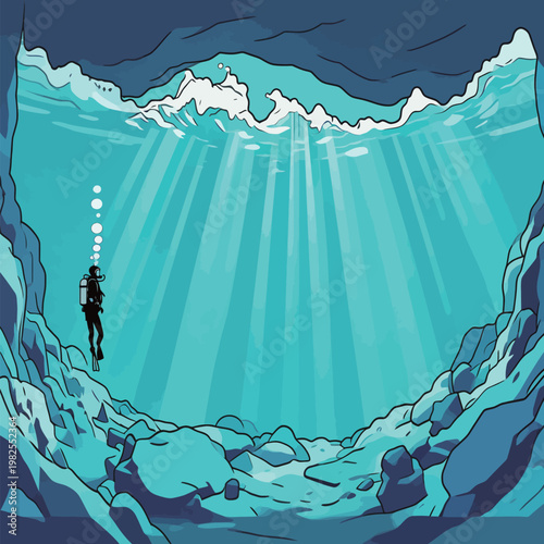 Scuba Diver in Underwater Cave with Sunbeams