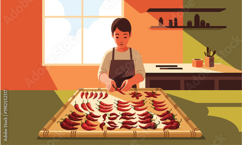 A person arranging red chili peppers for drying on a tray