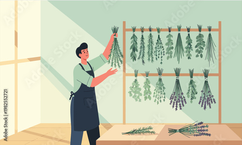 A person hanging bundles of fresh herbs to dry on a wooden rack