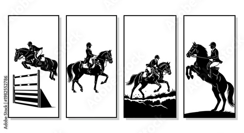 Equestrian jumping horse riders in motion black and white vector illustrations