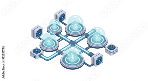 Five transparent glass domes housing radiant cyan crystalline structures are interconnected by a network of glowing blue pipes and industrial cooling fan units.