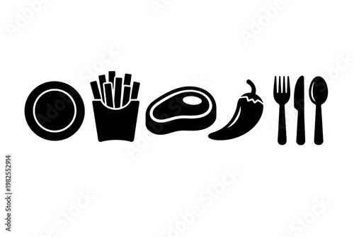 Minimalist Black Food Icon Set with Flat Vector Silhouettes of a Dinner Plate, French Fries, Beef Steak, Spicy Chili Pepper, and Cutlery with Fork, Knife, and Spoon for Restaurant Menu Design.