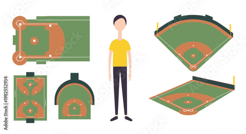Baseball field layout set with player illustration