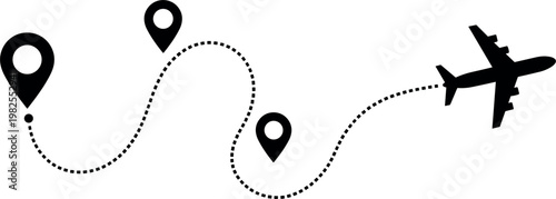 Airplane travel route with location pins and dotted path, flight journey navigation concept for tourism and trip planning design