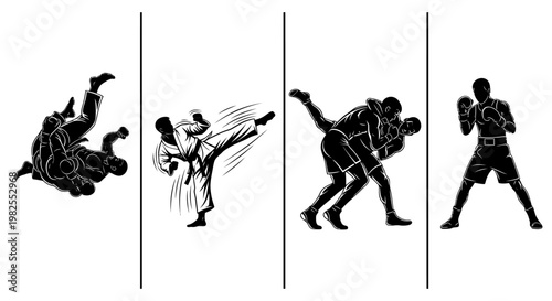Martial arts and combat sports techniques in four stages vector illustration