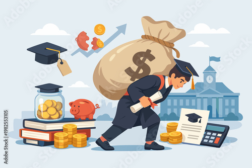 Student loan debt concept with a graduated man in a gown carrying a heavy money bag, symbolizing the financial burden of university tuition fees, college expenses, and educational investment.