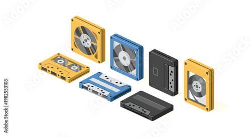 Various vintage magnetic audio reels and cassette tapes are meticulously arranged in an isometric layout featuring bright yellow and blue protective casings.
