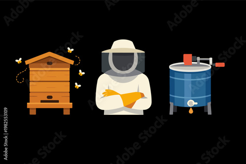 Flat vector illustration set of beekeeping icons featuring a wooden beehive with bees, a professional beekeeper in a protective suit, and a honey extractor machine on a black background.