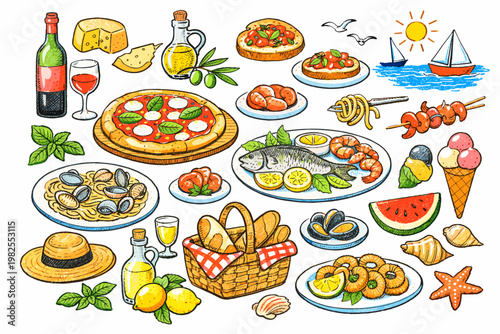 Summer Coastal Mediterranean Food Doodle Collection with Italian Brunch Set. Crayon Drawn Ink Illustrations of Pizza, Pasta, Seafood, Wine, Olive Oil, Ice Cream, and Beach Icons on White.