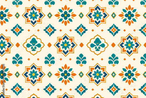 Arabic Style Simple Motif Seamless Pattern Background with Teal and Orange Geometric Islamic Stars and Floral Elements, Flat Vector Illustration for Textile Print, Wallpaper, and Home Decor