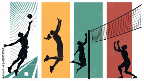 Volleyball players in action on colorful court with net dynamic silhouettes in play