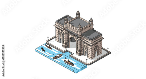 A detailed isometric architectural model of the Gateway of India stands majestically beside a blue waterway featuring several traditional brown wooden boats.