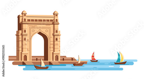 A majestic stylized illustration of the Gateway of India monument stands tall beside calm blue waters filled with colorful traditional wooden sailboats.