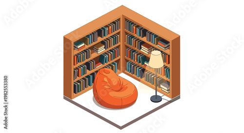 A cozy isometric reading nook features two tall wooden bookshelves filled with numerous colorful volumes and a large orange beanbag chair under soft light.