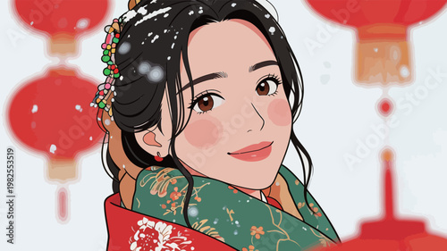Illustrated Asian Woman in Traditional Green and Red Clothing