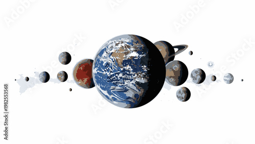 Illustration of the solar system with planets and moons orbiting Earth against a white background in a flat 2D style.