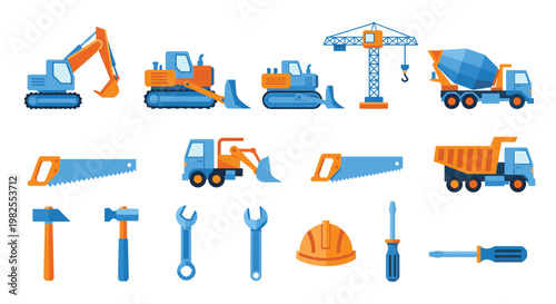Comprehensive set of blue and orange construction machinery and hand tools including excavators and cranes is neatly organized against a white backdrop.
