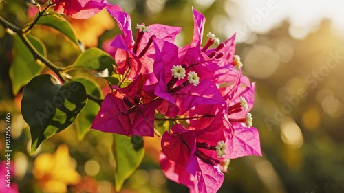 Vibrant Pink Bougainvillea Flowers Swaying in Golden Sunlight 4K Video