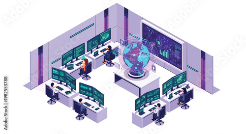 Sophisticated isometric command center features multiple operators working at advanced computer stations surrounding a glowing purple holographic globe.