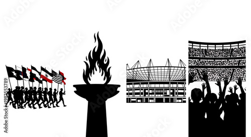 Olympic games sports event stadium silhouette with torch and flags
