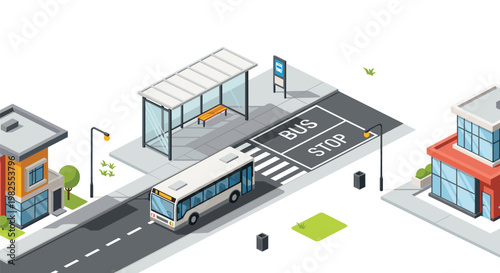 A clean isometric street view depicting a white public transit bus pulling up to a modern glass passenger shelter located near a marked crosswalk.