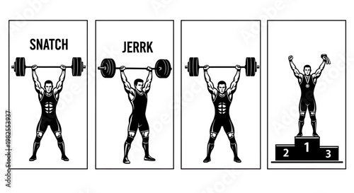 Weightlifter performing snatch jerk exercises in four stages on podium