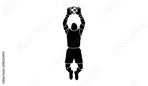 Soccer goalkeeper catching ball silhouette vector black and white sports jump action illustration isolated
