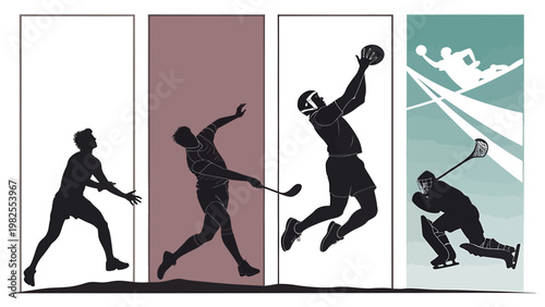 Silhouette athletes playing sports in motion on colorful backgrounds with dynamic movements and actions