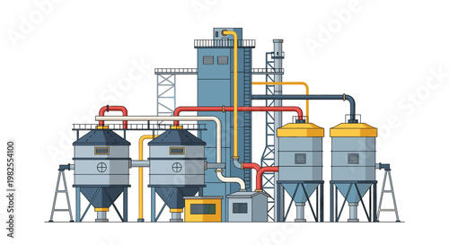 A meticulous vector illustration of a modern industrial manufacturing plant featuring vibrant red and yellow pipelines connected to large metallic storage silos.