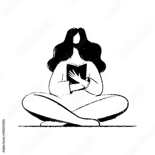 Photography A woman sitting cross-legged reading a book on a white background isolated, blac