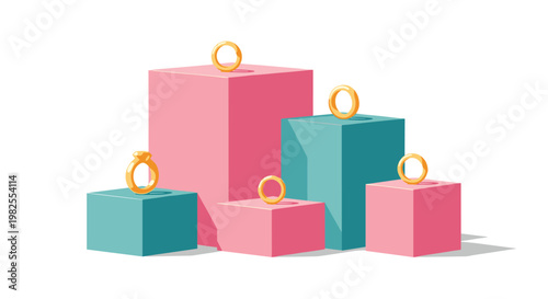 Five elegant golden rings with sparkling gemstones are displayed prominently on top of various pink and teal rectangular pedestals against a clean white background.